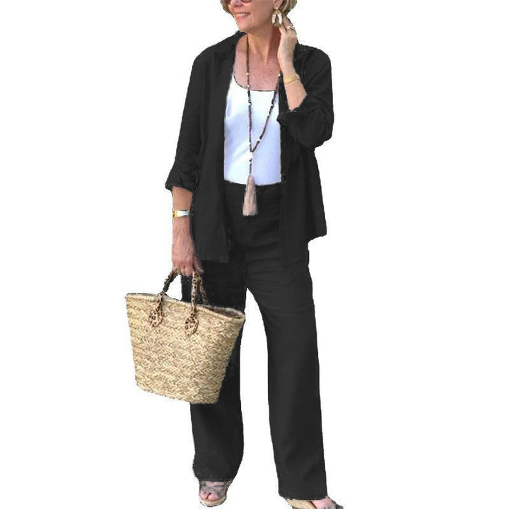 Women’s Two-Piece Set – Relaxed Fit – Linen Blend – Open-Front Shirt & Wide-Leg Pants