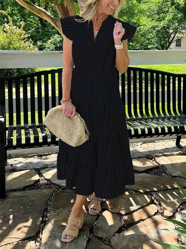 Women’s Midi Dress – Relaxed Fit – V-Neck – Tiered Skirt – Short Ruffle Sleeves – Cotton