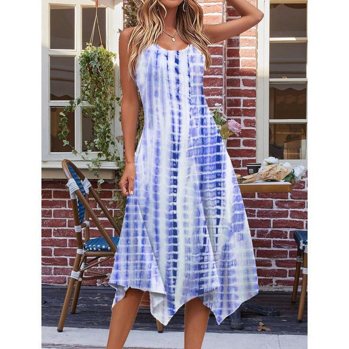 Women’s Midi Dress – Cotton Blend – A-Line Fit – Sleeveless – Asymmetrical Hem – Abstract Print