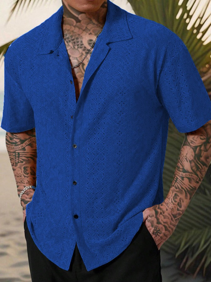 Men’s Casual Shirt - Cotton - Hollow Jacquard Texture - Regular Fit - Short Sleeve