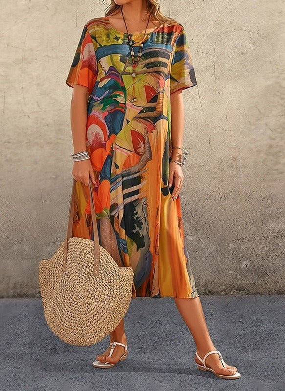 Women’s Casual Dress – Relaxed Fit – Short Sleeve – Abstract Print – Round Neck – Midi Length