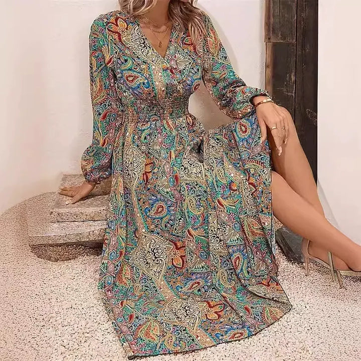 Women’s Midi Dress – V-Neck – Ruched Waist – Relaxed Fit – Printed Pattern