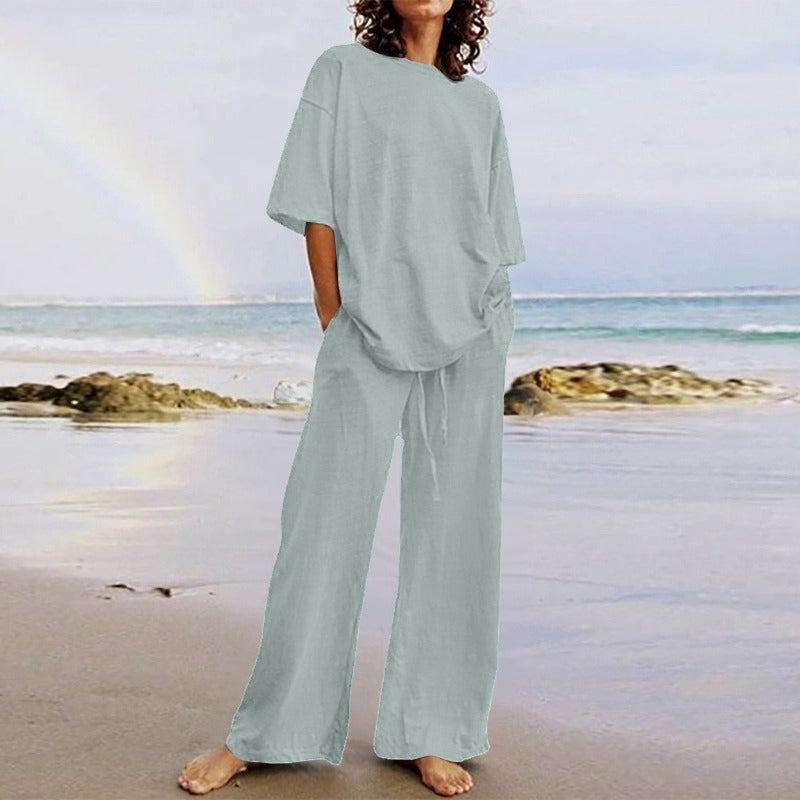 Women’s Two-Piece Set – Relaxed Fit Top with O-Neck – Wide-Leg Pants with Pockets