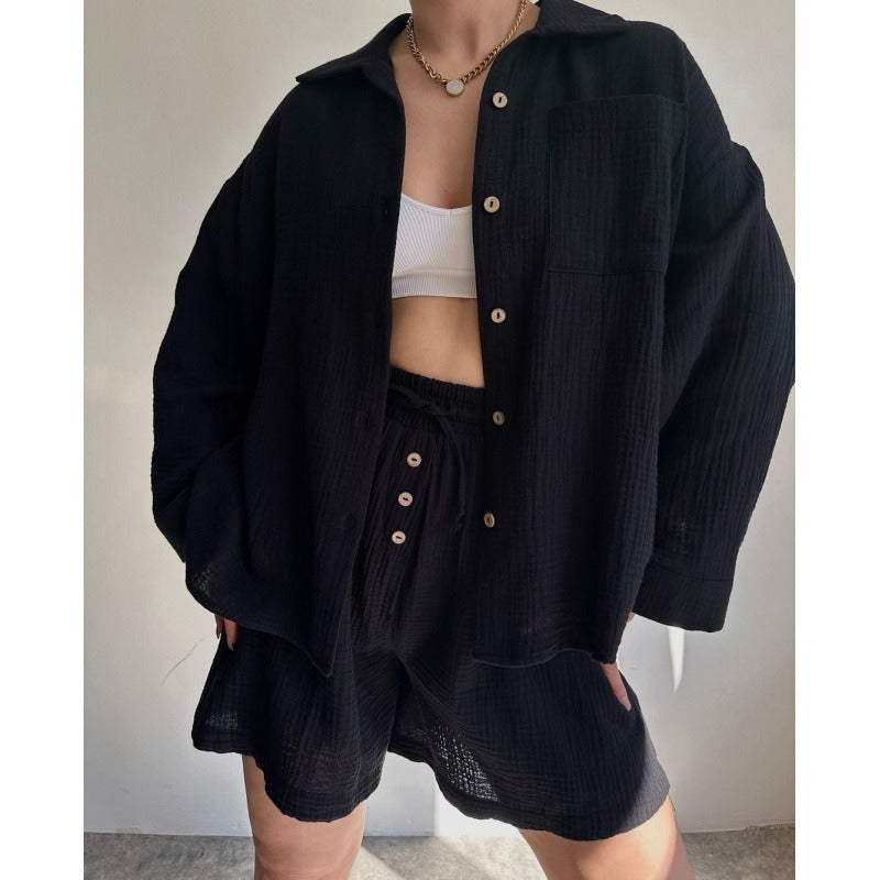 Women’s Two-Piece Set – Relaxed Fit Button Shirt – High Waist Drawstring Shorts – Cotton