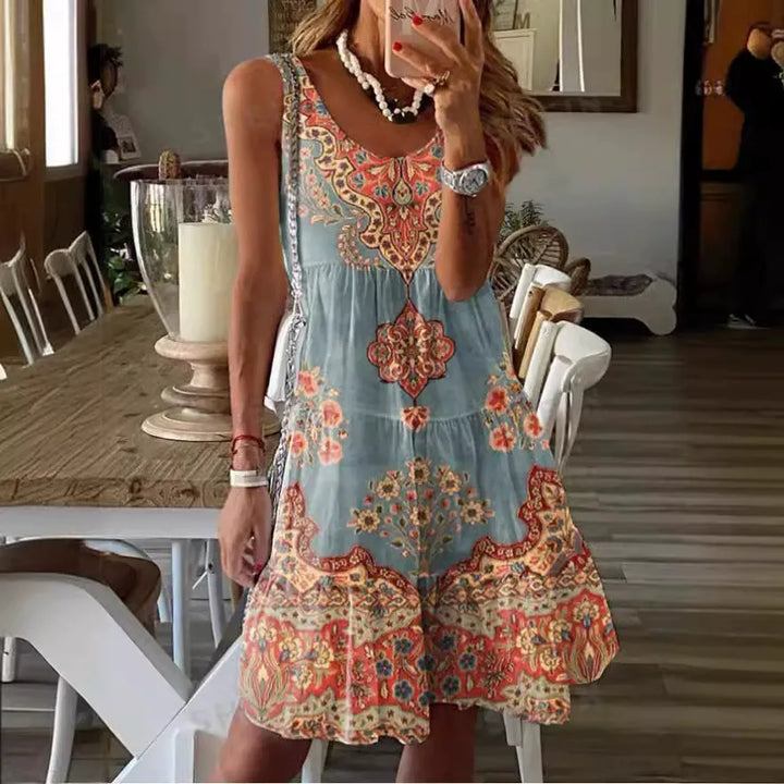 Women’s Mini Dress - Sleeveless V-Neck - Flowy Tiered Fit - Boho Print Casual Style