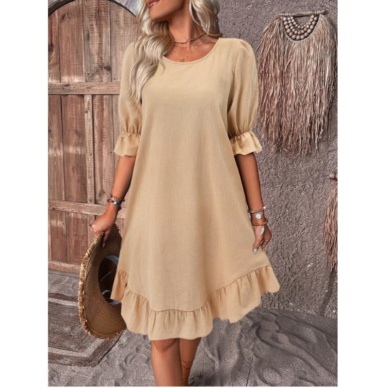 Women’s A-Line Dress – Cotton Linen – Ruffle Trim – Mid Sleeve – Relaxed Fit