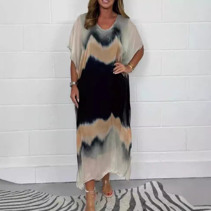 Women’s Maxi Dress – Chiffon – V-Neck – Short Sleeve – Flowy Fit – Ombre Gradient