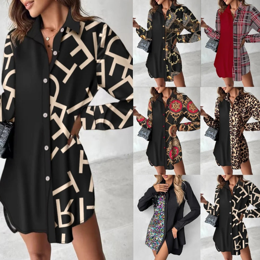 Women’s Shirt Dress – Relaxed Fit – Long Sleeve – Mini Length – Leopard Print – Color Block
