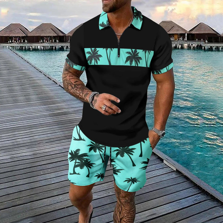 Men’s Casual Suit Set – Zip Polo Shirt – Tropical Pattern – Drawstring Shorts – Relaxed Fit