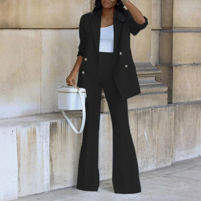Women’s Blazer and Trouser Set – Slim Fit Double-Breasted – High Waist Flared Leg