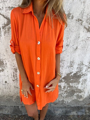 Women’s Shirtdress – Relaxed Fit – Button Front – Breathable Blend – Rolled Sleeves