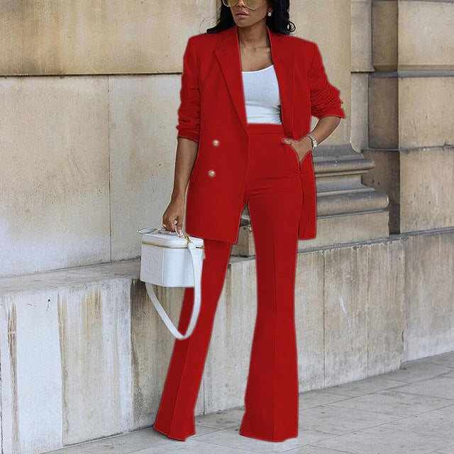 Women’s Blazer and Trouser Set – Slim Fit Double-Breasted – High Waist Flared Leg