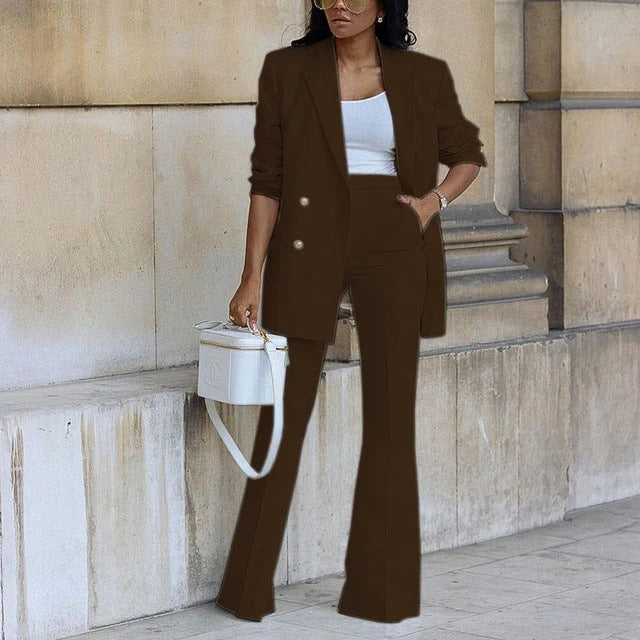 Women’s Blazer and Trouser Set – Slim Fit Double-Breasted – High Waist Flared Leg