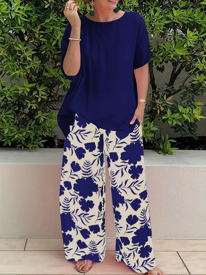 Women's Pants Set – Relaxed Fit Top – Wide Leg – Cotton – Floral Print – Casual Style