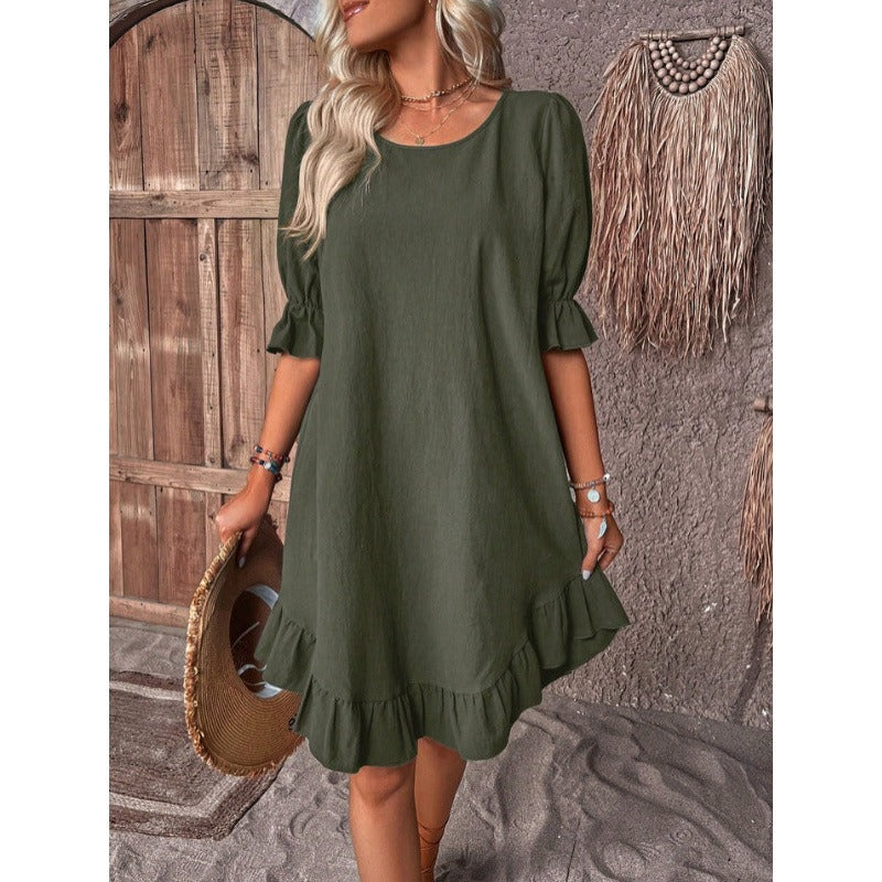 Women’s A-Line Dress – Cotton Linen – Ruffle Trim – Mid Sleeve – Relaxed Fit