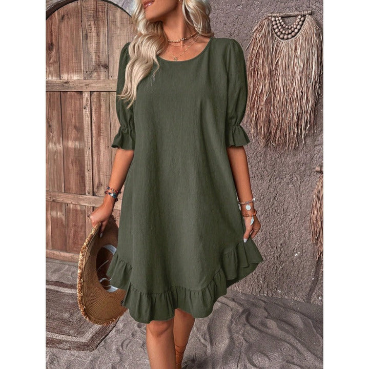 Women’s A-Line Dress – Cotton Linen – Ruffle Trim – Mid Sleeve – Relaxed Fit