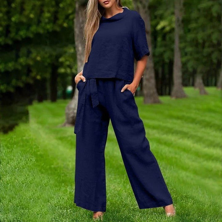 Women’s Two-Piece Set – Relaxed Fit – Short Sleeve Top – Wide-Leg Pants – Cotton