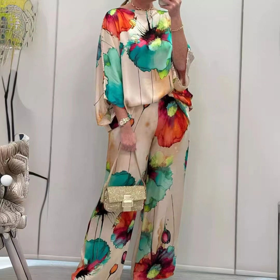 Women's Pants Set – Relaxed Fit – Off Shoulder Batwing Top – Wide Leg Trousers