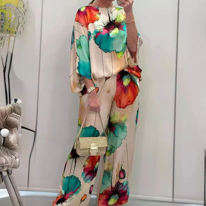 Women's Pants Set – Relaxed Fit – Off Shoulder Batwing Top – Wide Leg Trousers