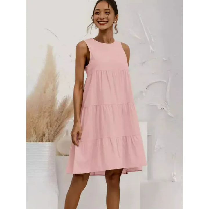 Women’s Sleeveless Dress – Cotton Linen Blend – Loose Fit – Tiered A-Line Midi
