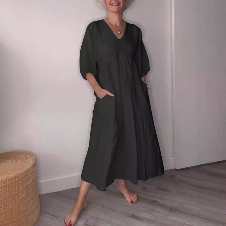 Women’s Midi Dress – Cotton Linen – Relaxed Fit – V-Neck – Cuffed Sleeves – Pockets