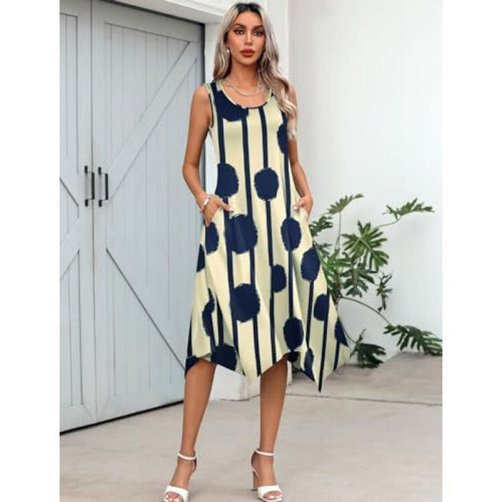 Women’s Midi Dress – Cotton Blend – A-Line Fit – Sleeveless – Asymmetrical Hem – Abstract Print