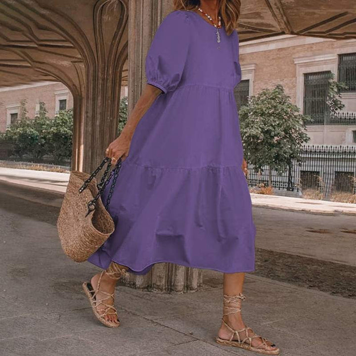 Women’s Midi Dress – Cotton Blend – A-Line Fit – V-Neck Boho Style – Puff Sleeves