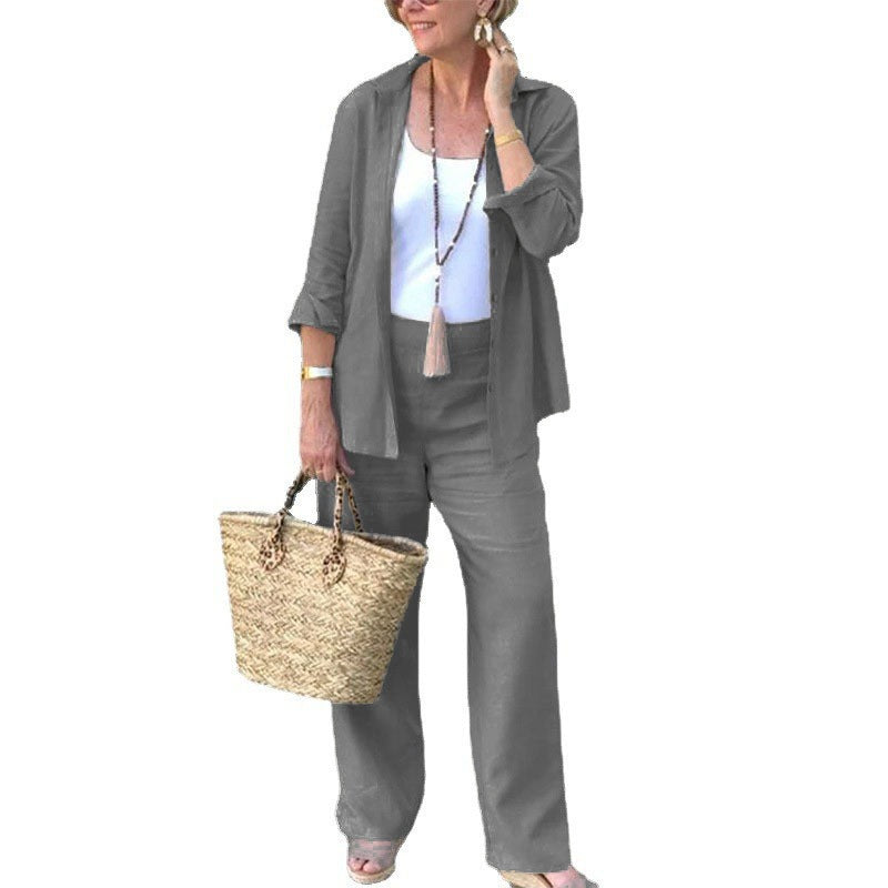 Women’s Two-Piece Set – Relaxed Fit – Linen Blend – Open-Front Shirt & Wide-Leg Pants