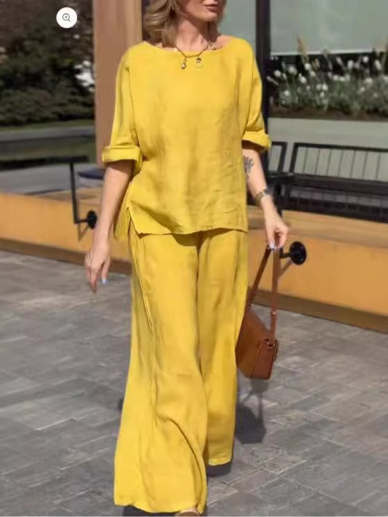Women’s Two-Piece Set – Relaxed Fit – Cotton Linen – Wide Leg Pants – Short Sleeve Top
