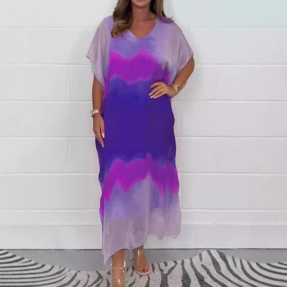 Women’s Maxi Dress – Chiffon – V-Neck – Short Sleeve – Flowy Fit – Ombre Gradient