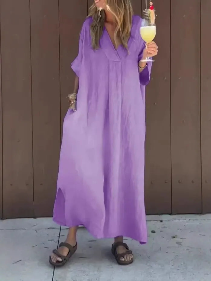 Women’s Maxi Dress - Cotton - Loose Fit - V-Neck - Short Sleeve