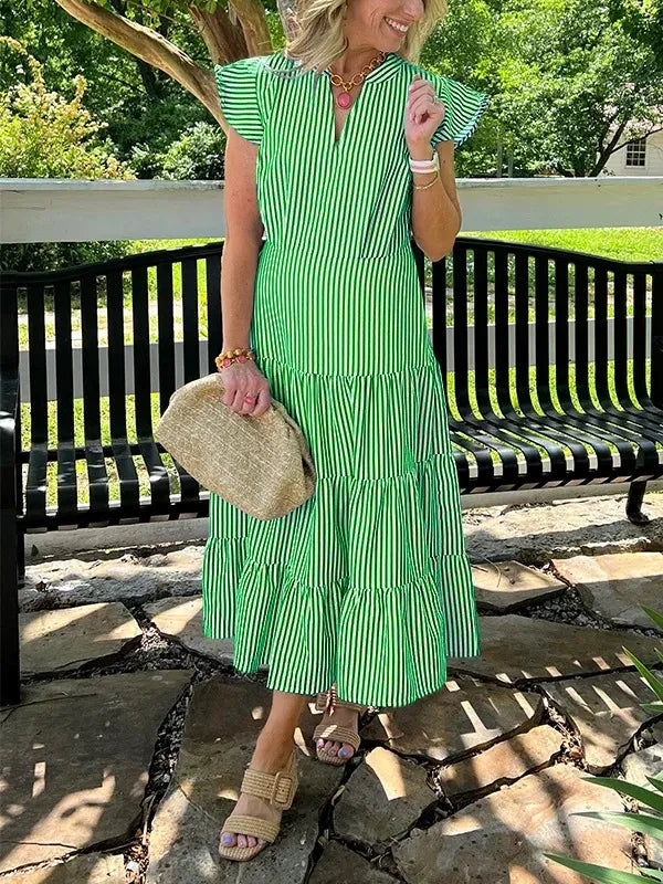 Women’s Midi Dress – Relaxed Fit – V-Neck – Tiered Skirt – Short Ruffle Sleeves – Cotton