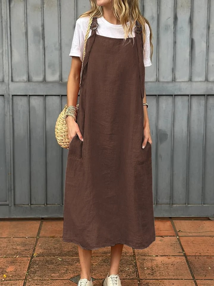 Women’s Midi Dress – Linen – Relaxed Fit – Adjustable Straps – Front Pockets