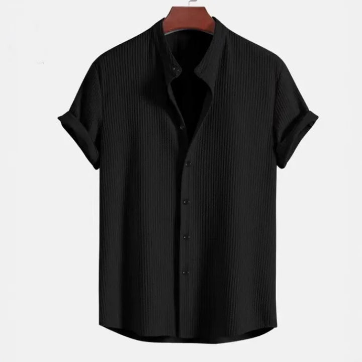 Men’s Short Sleeve Shirt – Cotton – Jacquard Texture – Regular Fit – Band Collar Casual Wear