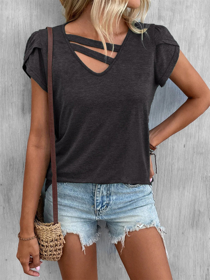 Women’s V-Neck Shirt – Soft Knit – Relaxed Fit – Cross Strap – Short Sleeve Casual Wear