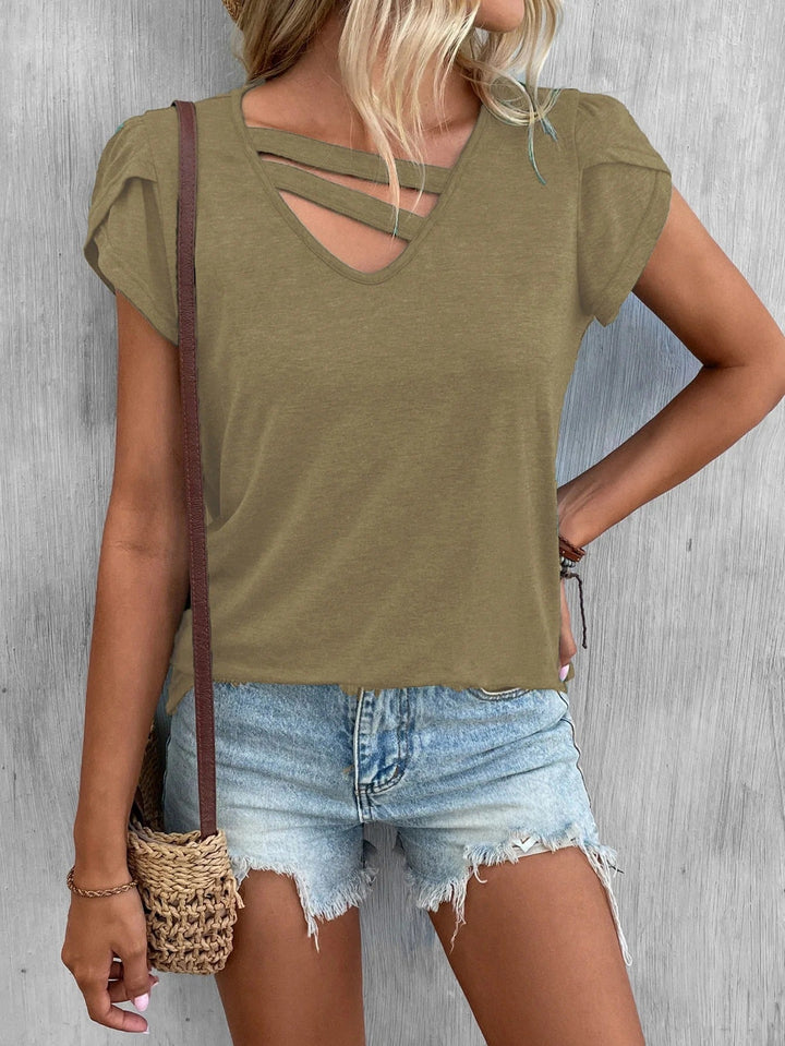 Women’s V-Neck Shirt – Soft Knit – Relaxed Fit – Cross Strap – Short Sleeve Casual Wear