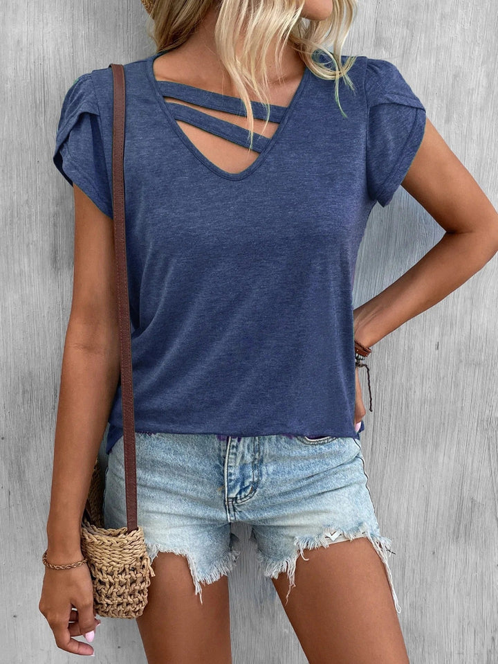 Women’s V-Neck Shirt – Soft Knit – Relaxed Fit – Cross Strap – Short Sleeve Casual Wear