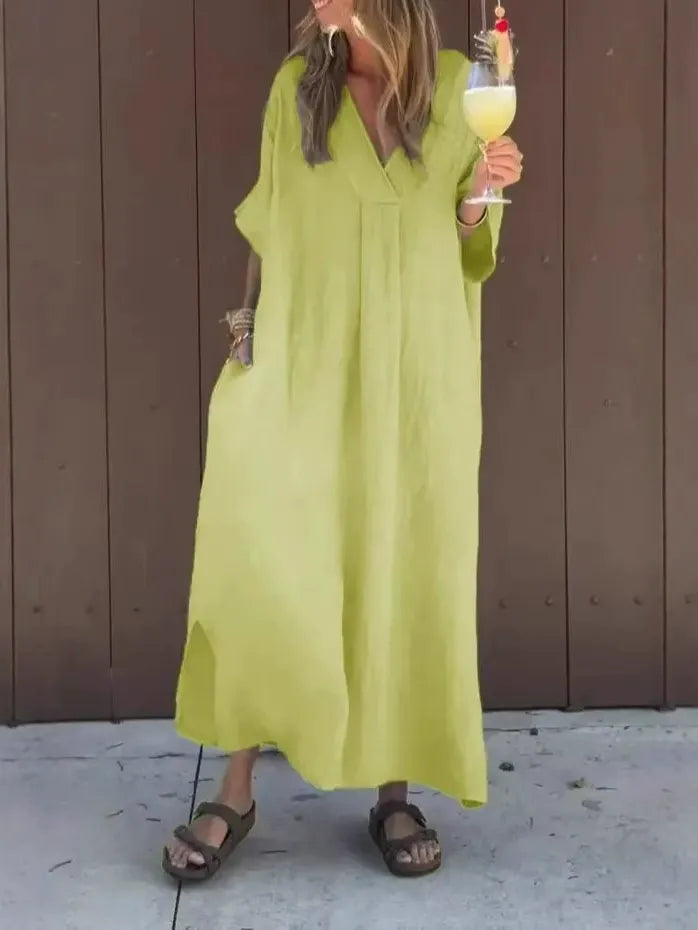 Women’s Maxi Dress - Cotton - Loose Fit - V-Neck - Short Sleeve