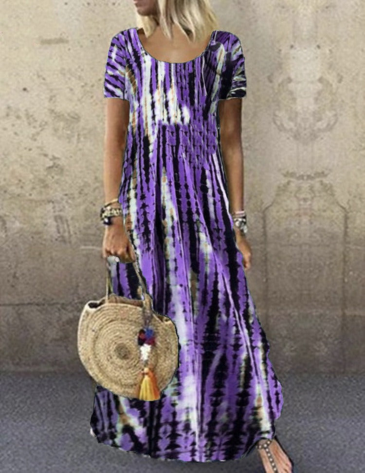 Women’s Maxi Dress – Loose Fit – Tie-Dye Print – Short Sleeve – Breathable Cotton Fabric