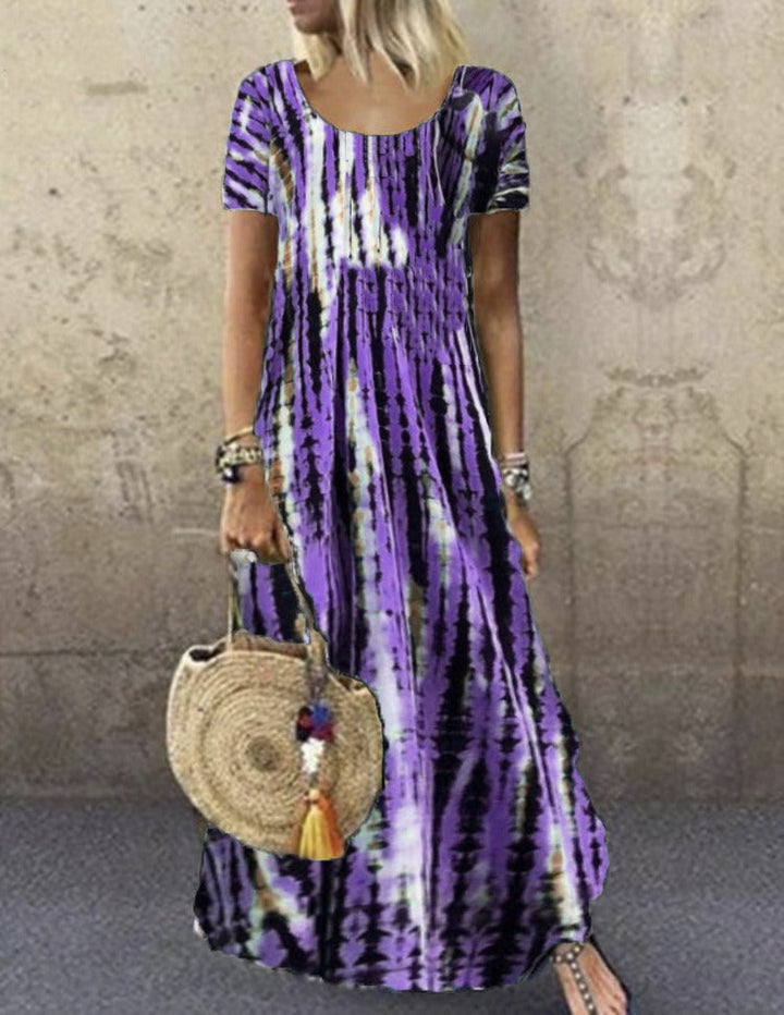Women’s Maxi Dress – Loose Fit – Tie-Dye Print – Short Sleeve – Breathable Cotton Fabric