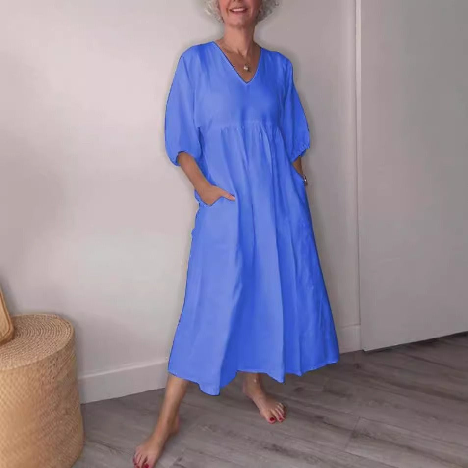 Women’s Midi Dress – Cotton Linen – Relaxed Fit – V-Neck – Cuffed Sleeves – Pockets