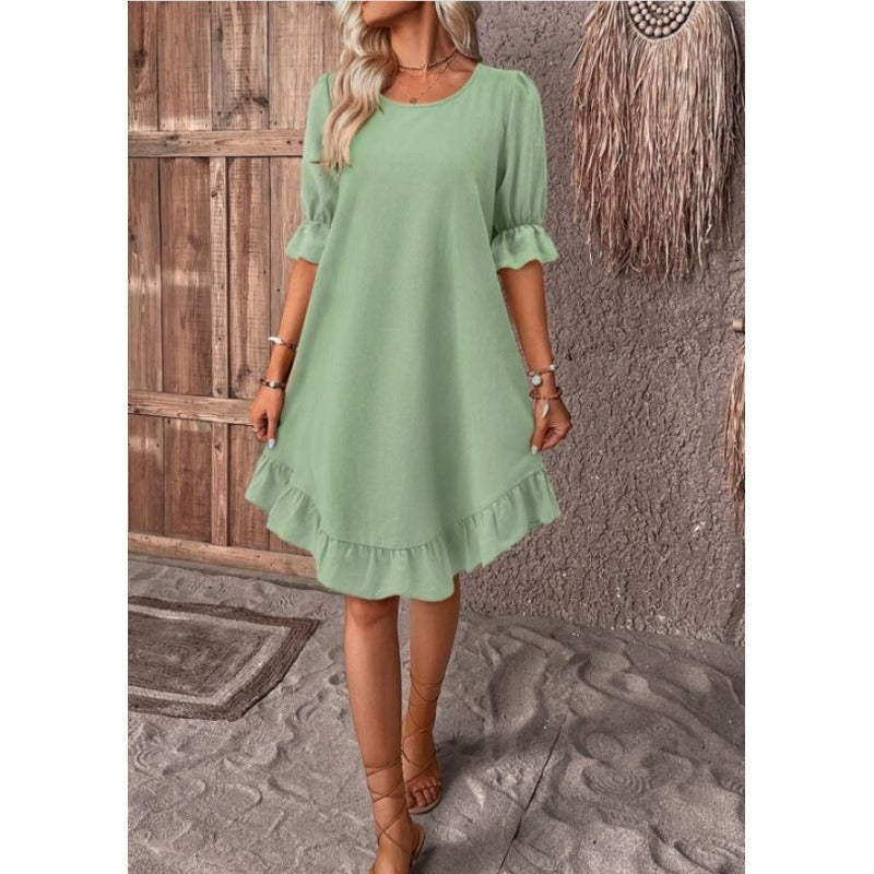 Women’s A-Line Dress – Cotton Linen – Ruffle Trim – Mid Sleeve – Relaxed Fit