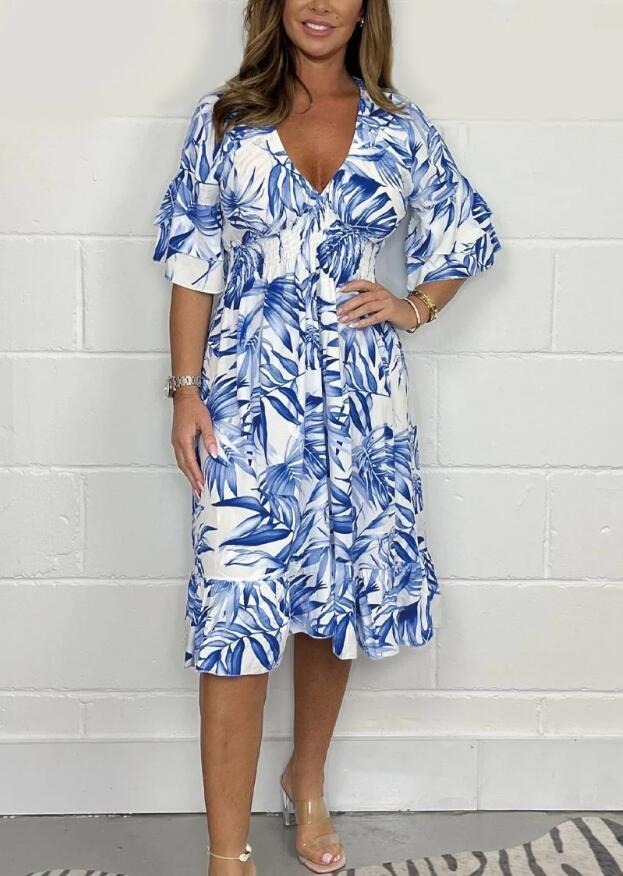 Women’s Midi Dress – Loose Fit – High Waist – Ruffle Sleeve – V-Neck Cotton Blend