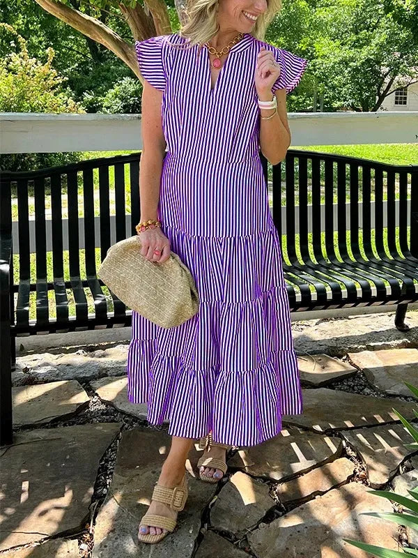 Women’s Midi Dress – Relaxed Fit – V-Neck – Tiered Skirt – Short Ruffle Sleeves – Cotton