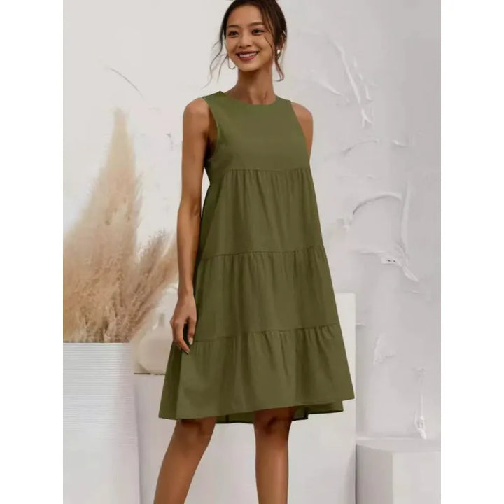 Women’s Sleeveless Dress – Cotton Linen Blend – Loose Fit – Tiered A-Line Midi