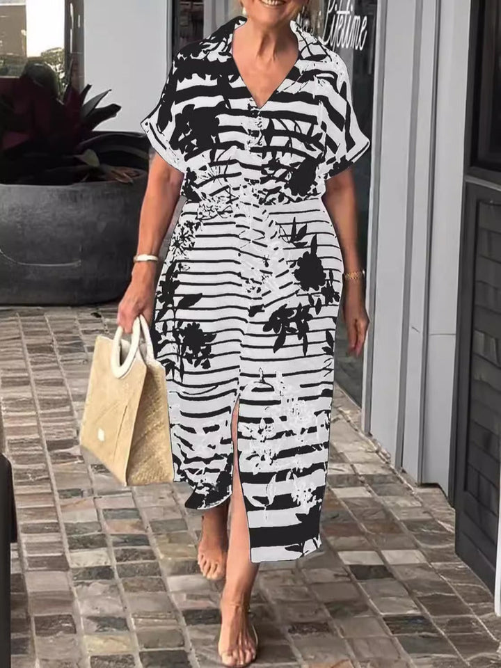 Women’s Shirt Dress – Relaxed Fit – Belted Waist – Cotton Blend – Midi Length – Side Slit