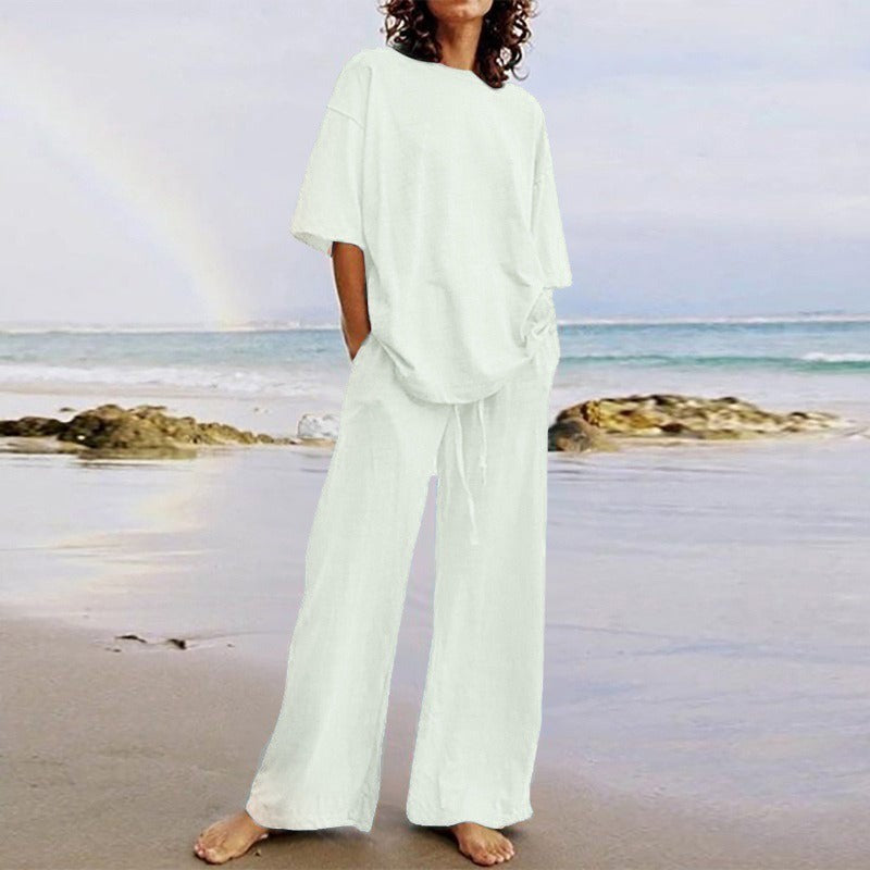 Women’s Two-Piece Set – Relaxed Fit Top with O-Neck – Wide-Leg Pants with Pockets