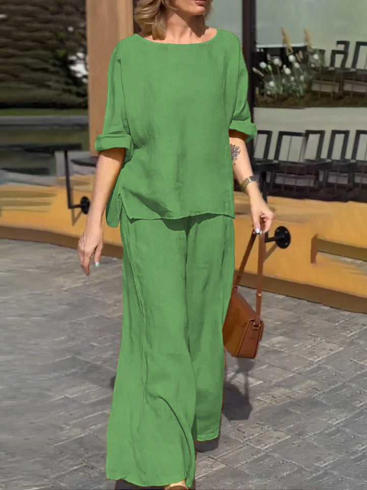 Women’s Two-Piece Set – Relaxed Fit – Cotton Linen – Wide Leg Pants – Short Sleeve Top