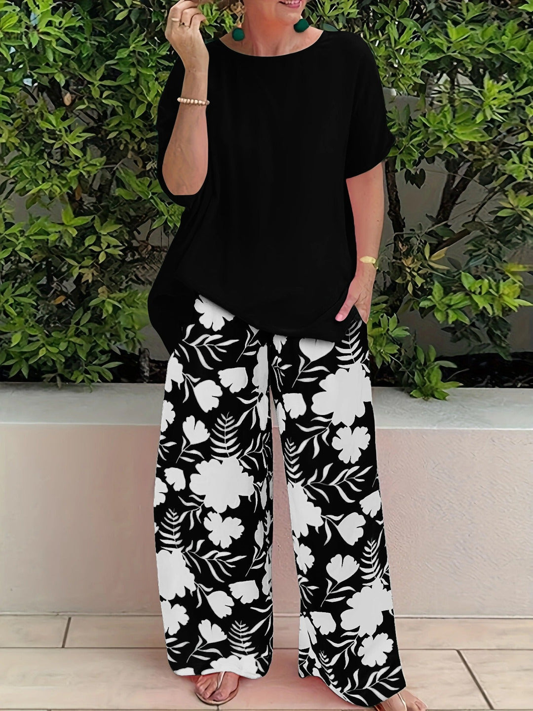 Women's Pants Set – Relaxed Fit Top – Wide Leg – Cotton – Floral Print – Casual Style