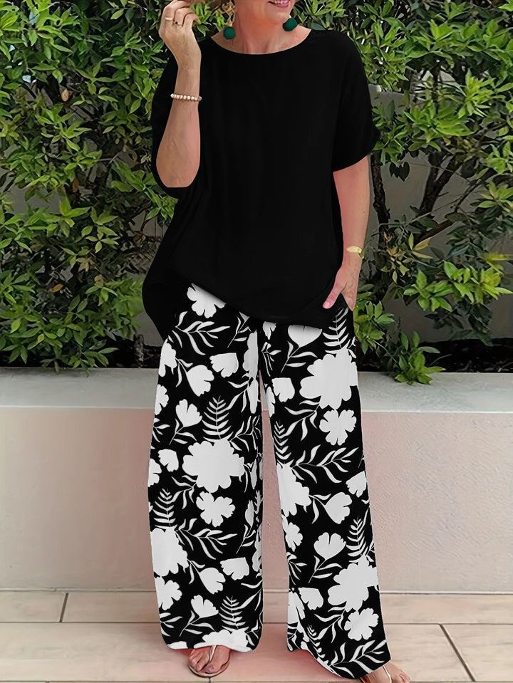 Women's Pants Set – Relaxed Fit Top – Wide Leg – Cotton – Floral Print – Casual Style